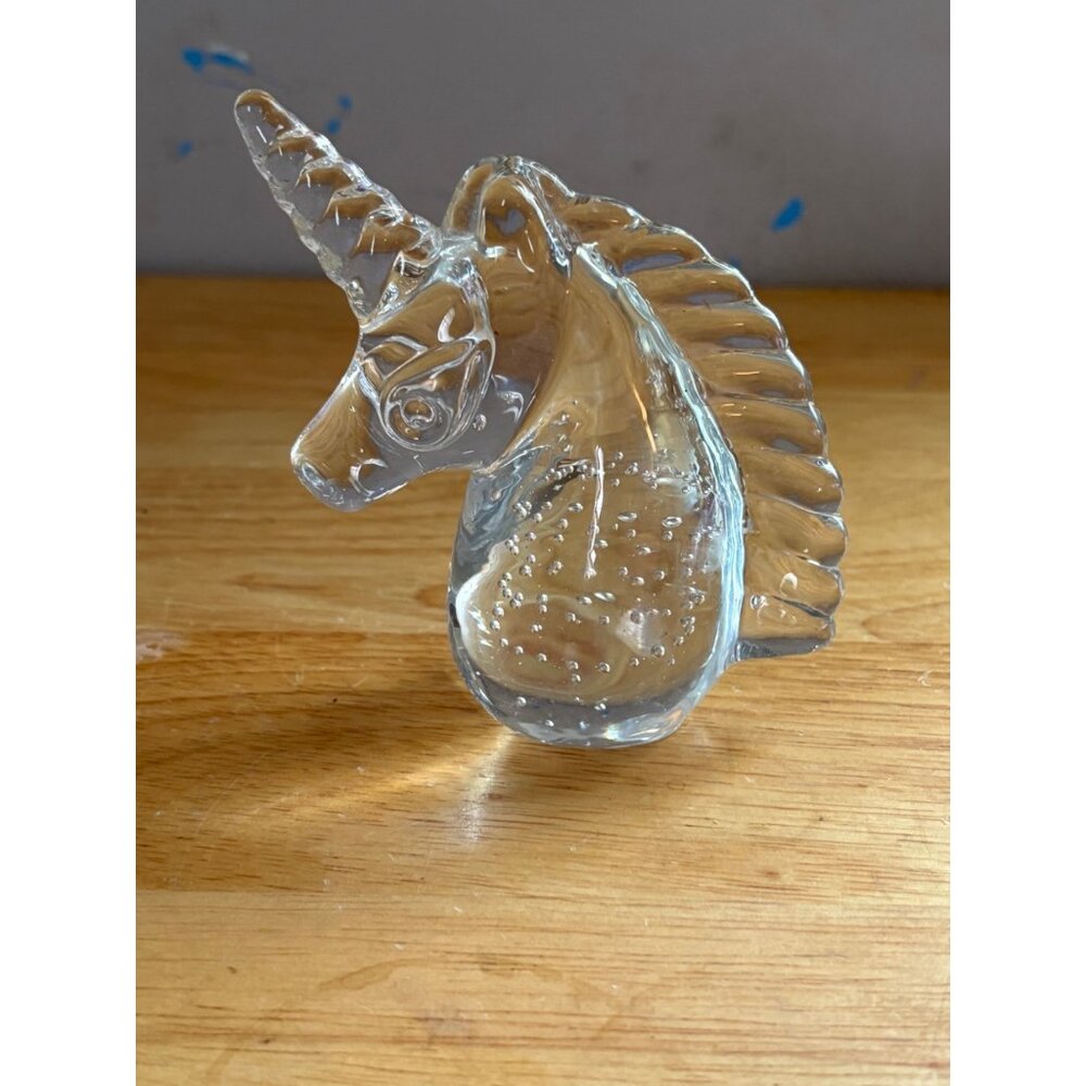 Clear Art Glass Unicorn Figurine Paperweight With Controlled Bubble Design 1970'